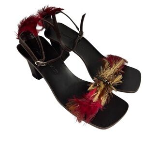 Roberto Rinaldi Black Leather Feather Heels | Made in Italy | Size 39 (US 8.5-9)